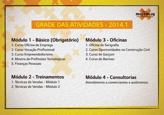 GRADE DAS ATIVIDADES - 2014.1
Módulo 1 - Básico (Obrigatório)

Módulo 3 - Oficinas

Módulo 2 - Treinamentos

Módulo 4 - Consultorias

1. Curso Oficina de Emprego
2. Curso Vocação Profissional
3. Curso Empreendedorismo
4. Mostra de Profissões Tecnológicas
5. Finanças Pessoais

1. Técnicas de Vendas - Módulo 1
2. Técnicas de Vendas - Módulo 2

1. Oficina de Serigrafia
2. Curso Oportunidades na Construção Civil
3. Curso de Garçom
4. Curso de Barman

Atendimento a comerciantes e autônomos.

 
