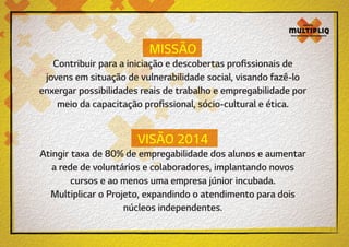 MISSÃO

Contribuir para a iniciação e descobertas profissionais de
jovens em situação de vulnerabilidade social, visando fazê-lo
enxergar possibilidades reais de trabalho e empregabilidade por
meio da capacitação profissional, sócio-cultural e ética.

VISÃO 2014

Atingir taxa de 80% de empregabilidade dos alunos e aumentar
a rede de voluntários e colaboradores, implantando novos
cursos e ao menos uma empresa júnior incubada.
Multiplicar o Projeto, expandindo o atendimento para dois
núcleos independentes.

 
