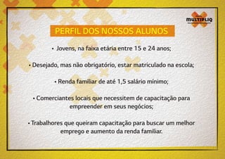 PERFIL DOS NOSSOS ALUNOS
• Jovens, na faixa etária entre 15 e 24 anos;
• Desejado, mas não obrigatório, estar matriculado na escola;
• Renda familiar de até 1,5 salário mínimo;
• Comerciantes locais que necessitem de capacitação para
empreender em seus negócios;
• Trabalhores que queiram capacitação para buscar um melhor
emprego e aumento da renda familiar.

 