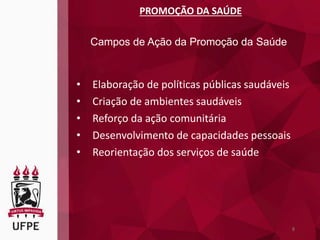 8
PROMOÇÃO DA SAÚDE
Campos de Ação da Promoção da Saúde
• Elaboração de políticas públicas saudáveis
• Criação de ambientes saudáveis
• Reforço da ação comunitária
• Desenvolvimento de capacidades pessoais
• Reorientação dos serviços de saúde
 