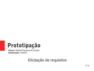 1 / 12
Prototipação
Elicitação de requisitos
Aluno: Rafael Ferreira de Araújo
Instituição: UNIPÊ
 