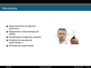 Metodologia
1 Desenvolvimento do algoritmo
sequencial;
2 Mapeamento e decomposição de
tarefas;
3 Paralelização do algoritmo proposto;
4 Ambiente de execução de
experimentos; e
5 Deﬁnição dos experimentos.
SSC5795 Vinícius Aires Barros Novembro 2016 19 / 48
 
