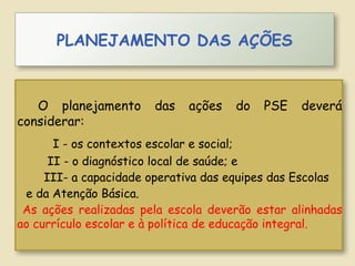  O planejamento das ações do PSE deverá
considerar:
 I - os contextos escolar e social;
 II - o diagnóstico local de saúde; e
 III- a capacidade operativa das equipes das Escolas
 e da Atenção Básica.
As ações realizadas pela escola deverão estar alinhadas
ao currículo escolar e à política de educação integral.
PLANEJAMENTO DAS AÇÕES
 