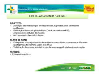 Ministério da
Educação
COORDENAÇÃO DE SAÚDE MENTAL/MS
FASE III – ABRANGÊNCIA NACIONAL
FASE III – ABRANGÊNCIA NACIONAL
OBJETIVOS:
- Aplicação das metodologias em larga escala, suportada pelos treinadores
certificados
- Prorizaçãos dos municípios do Plano Crack pactuados no PSE;
- Ampliação dos estudos de impacto;
- Aprimoramento das metodologias.
PLANO DE AÇÃO:
- Enfoque em um conjunto misto de ambientes comunitários com recursos diferentes
que façam parte do Plano Crack e do PSE;
- Viabilização de estudos ampliados com foco nas especificidades de cada região.
PERÍODO:
- 2º Semestre de 2014.
 