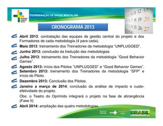 Abril 2013: contratação das equipes de gestão central do projeto e dos
Formadores de cada metodologia (4 para cada).
Maio 2013: treinamento dos Treinadores da metodologia “UNPLUGGED”.
Junho 2013: conclusão da tradução das metodologias
Julho 2013: treinamento dos Treinadores da metodologia “Good Behavior
Games”.
Agosto 2013: início dos Pilotos “UNPLUGGED” e “Good Behavior Games”.
Setembro 2013: treinamento dos Treinadores da metodologia “SFP” e
início do Piloto.
Dezembro 2013: Conclusão dos Pilotos.
Janeiro a março de 2014: conclusão da análise de impacto e custo-
efetividade do projeto.
Obs: o Teatro do Oprimido integrará o projeto na fase de abrangência
(Fase II)
Abril 2014: ampliação das quatro metodologias.
CRONOGRAMA 2013
Ministério da
Educação
COORDENAÇÃO DE SAÚDE MENTAL/MS
 