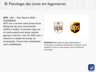 III. Psicologia das cores em logomarcas


UPS: 1961 – Paul Rand e 2003 –
FutureBrand
UPS usa o marrom como forma de se
diferenciar de seus concorrentes
(USPS e FedEx). O primeiro logo era
um tanto quanto sem graça usando
apenas o marrom, mas em 2003 com o
rebrand e a adição de laranja na
composição, trouxe mais sofisticação,   MARROM Muito usado em logos relacionados à
mais credibilidade.                     construção ou empresas relacionadas à natureza e seus
                                        produtos. É uma cor mais quente, mas no sentido de
                                        aconchego.
 