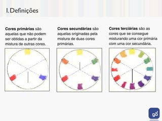 I.Deﬁnições

Cores primárias são        Cores secundárias são     Cores terciárias são as
aquelas que não podem      aquelas originadas pela   cores que se consegue
ser obtidas a partir da    mistura de duas cores     misturando uma cor primária
mistura de outras cores.   primárias.                com uma cor secundária.
 
