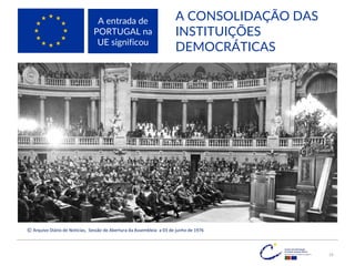A CONSOLIDAÇÃO DAS
INSTITUIÇÕES
DEMOCRÁTICAS
© Arquivo Diário de Notícias, Sessão de Abertura da Assembleia a 03 de junho de 1976
A entrada de
PORTUGAL na
UE significou
19
 