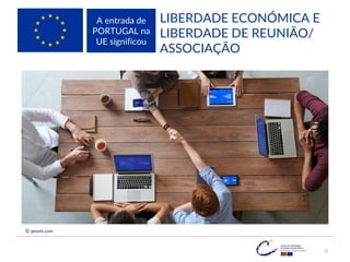 LIBERDADE ECONÓMICA E
LIBERDADE DE REUNIÃO/
ASSOCIAÇÃO
A entrada de
PORTUGAL na
UE significou
© pexels.com
21
 