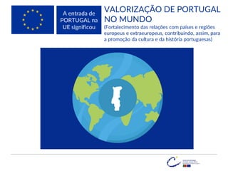 A entrada de
PORTUGAL na
UE significou
VALORIZAÇÃO DE PORTUGAL
NO MUNDO
(Fortalecimento das relações com países e regiões
europeus e extraeuropeus, contribuindo, assim, para
a promoção da cultura e da história portuguesas)
 