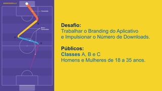 Desafio:
Trabalhar o Branding do Aplicativo
e Impulsionar o Número de Downloads.
Públicos:
Classes A, B e C
Homens e Mulheres de 18 a 35 anos.
 