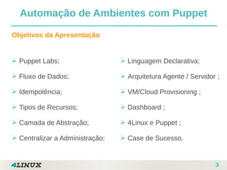 3
➢ Puppet Labs;
➢ Fluxo de Dados;
➢ Idempotência;
➢ Tipos de Recursos;
➢ Camada de Abstração;
➢ Centralizar a Administração;
Objetivos da Apresentação
Automação de Ambientes com Puppet
➢ Linguagem Declarativa;
➢ Arquitetura Agente / Servidor ;
➢ VM/Cloud Provisioning ;
➢ Dashboard ;
➢ 4Linux e Puppet ;
➢ Case de Sucesso.
 