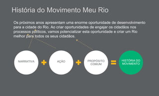 Os próximos anos apresentam uma enorme oportunidade de desenvolvimento
para a cidade do Rio. Ao criar oportunidades de engajar os cidadãos nos
processos políticos, vamos potencializar esta oportunidade e criar um Rio
melhor para todos os seus cidadãos.
PROPÓSITO
COMUM
NARRATIVA AÇÃO HISTÓRIA DO
MOVIMENTO
História do Movimento Meu Rio
 