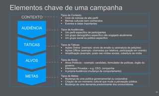 43
Elementos chave de uma campanha
TÁTICAS
AUDIÊNCIA
METAS
CONTEXTO
Tipos de Metas:
 Mudança de uma política governamental ou corporativa
 Criação de um momento cultural que mude a percepção pública.
 Mudança de uma demanda predominante dos consumidores.
Tipos de Alvos:
 Alvos Políticos – exemplo: candidato, formulador de políticas, órgão do
governo
 Interesses Privados – e.g. CEO, companhia
 A própria Audiência (mudança de comportamento)
Tipos de Audiências:
 Um perfil específico de participantes
 Um grupo demográfico específico não engajado atualmente
 Um grupo social ou político específico
Tipos de Contexto:
 Ciclo de notícias de alto perfil
 Memes culturais bem conhecidos
 Eventos e datas importantes
ALVOS
Tipos de Táticas:
 Ações Online (exemplo: envio de emails ou assinatura de petições)
 Ações Offline (exemplo: chamadas por telefone, participação em evento)
 Amplificação (exemplo: posts nas mídias sociais, cobertura de mídia
 