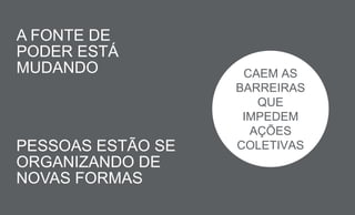 CAEM AS
BARREIRAS
QUE
IMPEDEM
AÇÕES
COLETIVASPESSOAS ESTÃO SE
ORGANIZANDO DE
NOVAS FORMAS
A FONTE DE
PODER ESTÁ
MUDANDO
 