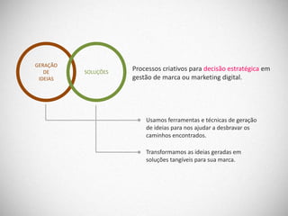 GERAÇÃO
   DE     SOLUÇÕES
                     Processos criativos para decisão estratégica em
 IDEIAS              gestão de marca ou marketing digital.




                         Usamos ferramentas e técnicas de geração
                         de ideias para nos ajudar a desbravar os
                         caminhos encontrados.

                         Transformamos as ideias geradas em
                         soluções tangíveis para sua marca.
 