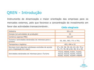 QREN - Introdução
    Instrumento de dinamização e maior orientação das empresas para os
    mercados externos, pelo que favorece a concentração do investimento em
    favor das actividades transaccionáveis .
                                                                    CAEs elegíveis
        Indústria                                                          05 a 33
        Energia (só actividades de produção)                                  35
        Comércio (apenas PME)                                              45 a 47
        Turismo e actividades declaradas de interesse para o
                                                                  55, 561, 563, 771 e 791;
        turismo
        Transportes e logística                                         493, 494 e 52
        Serviços (com algumas subclasses excluídas de acordo   37 a 39, 58, 59, 62, 63, 69, 70 a
        com a legislação em vigor)                             74, 77, 78, 80 a 82, 90, 91 e 95
                                                                77210, 90040, 91041, 91042,
        Actividades declaradas de interesse para o Turismo      93110, 93110, 93192, 93210,
                                                                93292, 93293, 93294 e 96040




NOVEMBRO 2011
© Copyright CopiRisco 2008. All rights reserved.
 
