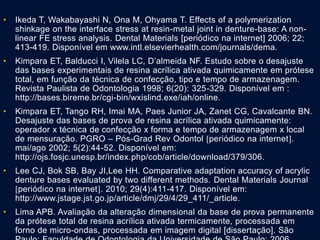 • Ikeda T, Wakabayashi N, Ona M, Ohyama T. Effects of a polymerization
shinkage on the interface stress at resin-metal joint in denture-base: A non-
linear FE stress analysis. Dental Materials [periódico na internet] 2006; 22;
413-419. Disponível em www.intl.elsevierhealth.com/journals/dema.
• Kimpara ET, Balducci I, Vilela LC, D’almeida NF. Estudo sobre o desajuste
das bases experimentais de resina acrílica ativada quimicamente em prótese
total, em função da técnica de confecção, tipo e tempo de armazenagem.
Revista Paulista de Odontologia 1998; 6(20): 325-329. Disponível em :
http://bases.bireme.br/cgi-bin/wxislind.exe/iah/online.
• Kimpara ET, Tango RH, Imai MA, Paes Junior JA, Zanet CG, Cavalcante BN.
Desajuste das bases de prova de resina acrílica ativada quimicamente:
operador x técnica de confecção x forma e tempo de armazenagem x local
de mensuração. PGRO – Pós-Grad Rev Odontol periódico na internet.
mai/ago 2002; 5(2):44-52. Disponível em:
http://ojs.fosjc.unesp.br/index.php/cob/article/download/379/306.
• Lee CJ, Bok SB, Bay JI,Lee HH. Comparative adaptation accuracy of acrylic
denture bases evaluated by two different methods. Dental Materials Journal
periódico na internet. 2010; 29(4):411-417. Disponível em:
http://www.jstage.jst.go.jp/article/dmj/29/4/29_411/_article.
• Lima APB. Avaliação da alteração dimensional da base de prova permanente
da prótese total de resina acrílica ativada termicamente, processada em
forno de micro-ondas, processada em imagem digital [dissertação]. São
 