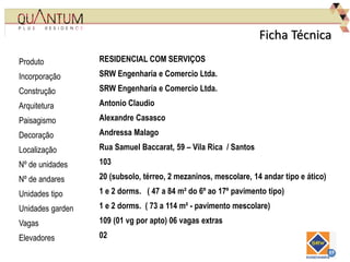 Ficha Técnica
Produto
Incorporação
Construção
Arquitetura
Paisagismo
Decoração
Localização
Nº de unidades
Nº de andares
Unidades tipo
Unidades garden
Vagas
Elevadores
RESIDENCIAL COM SERVIÇOS
SRW Engenharia e Comercio Ltda.
SRW Engenharia e Comercio Ltda.
Antonio Claudio
Alexandre Casasco
Andressa Malago
Rua Samuel Baccarat, 59 – Vila Rica / Santos
103
20 (subsolo, térreo, 2 mezaninos, mescolare, 14 andar tipo e ático)
1 e 2 dorms. ( 47 a 84 m² do 6º ao 17º pavimento tipo)
1 e 2 dorms. ( 73 a 114 m² - pavimento mescolare)
109 (01 vg por apto) 06 vagas extras
02
 