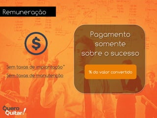 Remuneração
Pagamento
somente
sobre o sucesso
Sem taxas de implantação*
Sem taxas de manutenção
% do valor convertido
 