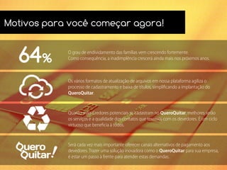 Motivos para você começar agora!
64%
Será cada vez mais importante oferecer canais alternativos de pagamento aos
devedores. Trazer uma solução inovadora como o QueroQuitar para sua empresa,
é estar um passo à frente para atender estas demandas.
O grau de endividamento das famílias vem crescendo fortemente.
Como consequência, a inadimplência crescerá ainda mais nos próximos anos.
Quanto mais Credores potenciais se cadastram no QueroQuitar, melhores serão
os serviços e a qualidade dos contatos que teremos com os devedores. É um ciclo
virtuoso que beneﬁcia à todos.
Os vários formatos de atualização de arquivos em nossa plataforma agiliza o
processo de cadastramento e baixa de títulos, simpliﬁcando a implantação do
QueroQuitar.
 
