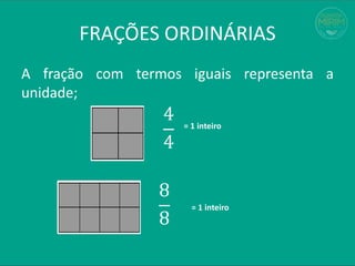 FRAÇÕES ORDINÁRIAS
A fração com termos iguais representa a
unidade;
4
4
= 1 inteiro
= 1 inteiro
8
8
 