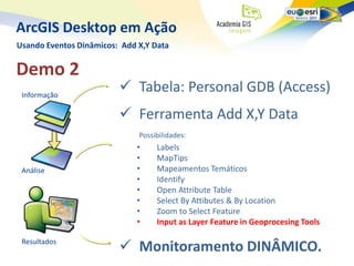 ArcGIS Desktop em Ação
Usando Eventos Dinâmicos: Add X,Y Data


Demo 2
 Informação
                          Tabela: Personal GDB (Access)
                          Ferramenta Add X,Y Data
                              Possibilidades:
                              •    Labels
                              •    MapTips
 Análise                      •    Mapeamentos Temáticos
                              •    Identify
                              •    Open Attribute Table
                              •    Select By Attibutes & By Location
                              •    Zoom to Select Feature
                              •    Input as Layer Feature in Geoprocesing Tools

 Resultados
                          Monitoramento DINÂMICO.
 