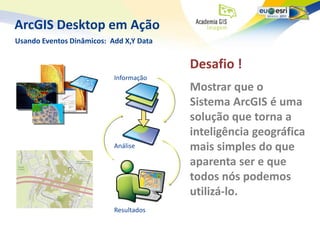 ArcGIS Desktop em Ação
Usando Eventos Dinâmicos: Add X,Y Data


                                         Desafio !
                           Informação
                                         Mostrar que o
                                         Sistema ArcGIS é uma
                                         solução que torna a
                                         inteligência geográfica
                           Análise       mais simples do que
                                         aparenta ser e que
                                         todos nós podemos
                                         utilizá-lo.
                           Resultados
 