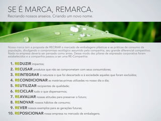 SE É MARCA, REMARCA.
Recriando nossos anseios. Criando um novo nome.




Nossa marca tem a proposta de RECRIAR o mercado de embalagens plásticas e as práticas de consumo da
população, divulgando o compromisso ecológico assumido pela companhia, seu grande diferencial competitivo.
Nada na empresa deveria ser pensado como antes. Desse modo dez pilares de expressão corporativa foram
estabelecidos e a companhia passou a ser uma RE-Companhia:

 1. REDUZIR impactos;
 2. RECUSAR produtos que não se comprometam com seus consumidores;
 3. REINTEGRAR à natureza o que foi descartado e à sociedade aqueles que foram excluídos;
 4. RECONDICIONAR as matérias-primas utilizadas no nosso dia a dia;
 5. REUTILIZAR recipientes de qualidade;
 6. RECICLAR tudo o que dispensarmos;
 7. REAVALIAR nossas atitudes para preservar o futuro;
 8. RENOVAR nossos hábitos de consumo;
 9. REVER nossos exemplos para as gerações futuras;
10. REPOSICIONAR nossa empresa no mercado de embalagens.
 