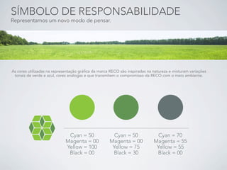 SÍMBOLO DE RESPONSABILIDADE
Representamos um novo modo de pensar.




As cores utilizadas na representação gráfica da marca RECO são inspiradas na natureza e misturam variações
 tonais de verde e azul, cores análogas e que transmitem o compromisso da RECO com o meio ambiente.
 