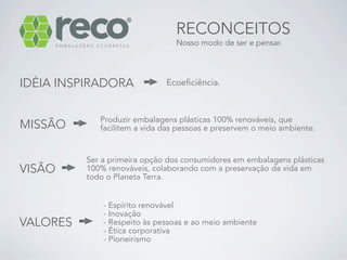 RECONCEITOS
                                 Nosso modo de ser e pensar.




IDÉIA INSPIRADORA             Ecoeficiência.



             Produzir embalagens plásticas 100% renováveis, que
MISSÃO       facilitem a vida das pessoas e preservem o meio ambiente.


          Ser a primeira opção dos consumidores em embalagens plásticas
VISÃO     100% renováveis, colaborando com a preservação da vida em
          todo o Planeta Terra.


              - Espírito renovável
              - Inovação
VALORES       - Respeito às pessoas e ao meio ambiente
              - Ética corporativa
              - Pioneirismo
 