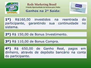 Rede Marketing BrasilCriando Oportunidade de Sucesso para TodosQUALIFICAÇÃOA fim de se qualificar para o recebimento dos bônus, o Afiliado Independente deverá fazer duas indicações pessoais (Qualificação Definitiva). Essas duas indicações devem ser feitas, para garantir a continuidade do sistema.Uma vez que o SMDB não exige que você faça compras nem vendas mensais, esta Qualificação tem o objetivo de manter a sua base de Afiliados, totalmente ativa e envolvida no negócio, fazendo com que todos consigam alcançar os objetivos almejados. V O C ÊQualificaçãoDefinitiva12Todas as “Bonificações Não Qualificadas,”  ficarão retidas  até que o afiliado indique  2 novos participantes ativos (com adesão paga), que qualificarão o participante em questão e este receberá  os Bônus retidos até então.