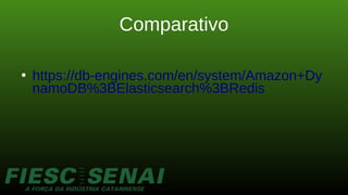 Comparativo
●
https://db-engines.com/en/system/Amazon+Dy
namoDB%3BElasticsearch%3BRedis
 