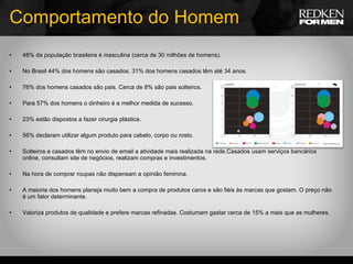 Comportamento do Homem 48% da população brasileira é masculina (cerca de 30 milhões de homens). No Brasil 44% dos homens são casados. 31% dos homens casados têm até 34 anos. 76% dos homens casados são pais. Cerca de 8% são pais solteiros. Para 57% dos homens o dinheiro é a melhor medida de sucesso. 23% estão dispostos a fazer cirurgia plástica. 56% declaram utilizar algum produto para cabelo, corpo ou rosto. Solteiros e casados têm no envio de email a atividade mais realizada na rede.Casados usam serviços bancários online, consultam site de negócios, realizam compras e investimentos. Na hora de comprar roupas não dispensam a opinião feminina. A maioria dos homens planeja muito bem a compra de produtos caros e são fiéis às marcas que gostam. O preço não é um fator determinante. Valoriza produtos de qualidade e prefere marcas refinadas. Costumam gastar cerca de 15% a mais que as mulheres. 