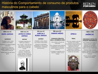 História do Comportamento de consumo de produtos masculinos para o cabelo 4000 anos AC EGITO ANTIGO SAGRADO Cabelo curto, muito próximo da cabeç; Comum as cabeças serem raspadas; Cerimônias religiosas, porém, exigiam o uso de uma peruca escura; Muito perfume de forma geral,  980 anos DC ORIENTE MÉDIO CUIDADOS PÚBLICOS, MAS A APARÊNCIA NÃO Escondidos através de turbantes; Os cuidados eram públicos e realizados por terceiros, geralmente nos banhos públicos; Cabelos compridos e/ou raspados, porém nunca visíveis; 300 anos AC GRÉCIA E ROMA ANTIGA AUSTERO Cabelos curtos, presos com tiaras muitas vezes; Nascem as primeiras barbearias ou serviços de cabeleireiros, realizados por escravos; 2000 anos AC JAPÃO E CHINA ANTIGA MILITAR Cabelos raspados na frente da cabeça; No Japão – Parte de trás dos cabelos amarrada firme com um rabo de cavalo Na China, dinastia Manchu – Ordem que todo homem usasse os cabelos de trás compridos e amarrados com seda; TRIBAL Uso dos cabelos varia de acordo com a tribo; Guerreiros masais prendiam a parte da frente em pequenas tranças; Mulheres e não-guerreiros raspavam a cabeça; Quase todos pintavam o cabelo de vermelho; ÁFRICA 1200 A 1492 AMÉRICAS  HIERARQUIA SOCIAL OU POSIÇÃO GEOGRÁFICA Na América do Norte os índios usavam cabelo raspado ou comprido, dependendo da tribo e região em que habitavam; Nobres maias usavam cabelos raspados com muitos adornos de ouro e penas na cabeça; Incas usavam cabelos longos com faixas; 