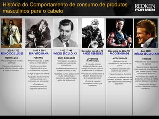 História do Comportamento de consumo de produtos masculinos para o cabelo REINO DOS LUÍSES  1600 A 1700  OSTENTAÇÃO Pouca higiene e muitos artifícios; Perucas, pó de arroz e salto alto são criados pelos e para os homens;  1900 - 1945  INÍCIO SÉCULO XX  ANOS DOURADOS Começam a surgir as modernas marcas de cosméticos.  Hollywood impulsiona o American Way of life; Cabelos curtos, presos com muita brilhantina e fortemente perfumados: galãs de Hollywood; Décadas de 60 e 70  ANOS REBELDES  JUVENTUDE TRANSVIADA O mundo sofre a influência hippie, que prega a volta ao natural, à rebeldia e à virilidade.  Visuais de James Dean e Marlon Brando são os ícones da década; Cortes e topetes acompanham longas costeletas;  Décadas de 80 e 90  MODERNIDADE  MODERNIDADE Referências ao modernismo, ao pop e ao punk; Cabelos raspados são palavra de ordem; Visual moderno, futurista; Crescem as referências ao homem vaidoso. Vendas de gel e produtos para styling disparam;  INÍCIO SÉCULO XXI Ano 2000  VAIDADE Tendências tecnológicas na beleza; Disseminada a figura do Metrossecual, impulsionada por ícones como David Beckham e Brad Pitt; Aumento da oferta de produtos, serviços e mídias para a beleza masculina; Valorização do que urbano, diferente, estiloso, moderno;  1837 A 1901  ERA VITORIANA  PURITANO Pós-Revolução, o estilo torna-se mais sóbrio; Puritano, contido: Cabelos soltos eram considerados vulgares; Surge a figura do dândi; Cabelos relativamente curtos, presos com camadas de pomadas; Costeletas, acompanhando os bigodes da época; 