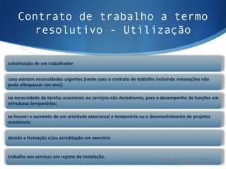 Contrato de trabalho a termo
     resolutivo - Utilização




                      Regime Juridico e Função Pública -
18/03/13       14
                                     Madalena Passeiro
 