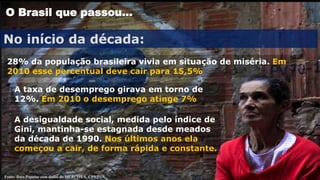 O Brasil que passou...
No início da década:
Fonte: Data Popular com dados do IBGE. IPEA, CPS/FGV
A desigualdade social, medida pelo índice de
Gini, mantinha-se estagnada desde meados
da década de 1990. Nos últimos anos ela
começou a cair, de forma rápida e constante.
28% da população brasileira vivia em situação de miséria. Em
2010 esse percentual deve cair para 15,5%
A taxa de desemprego girava em torno de
12%. Em 2010 o desemprego atinge 7%
 