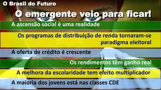 A melhora da escolaridade tem efeito multiplicador
A ascensão social é uma realidade
A oferta de crédito é crescente
Os rendimentos têm ganho real
Os programas de distribuição de renda tornaram-se
paradigma eleitoral
O emergente veio para ficar!
O Brasil do Futuro
A maioria dos jovens está nas classes CDE
 
