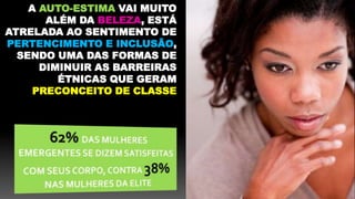 A AUTO-ESTIMA VAI MUITO
ALÉM DA BELEZA, ESTÁ
ATRELADA AO SENTIMENTO DE
PERTENCIMENTO E INCLUSÃO,
SENDO UMA DAS FORMAS DE
DIMINUIR AS BARREIRAS
ÉTNICAS QUE GERAM
PRECONCEITO DE CLASSE
 