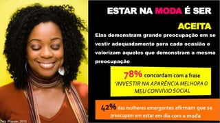 Data Popular, 2010
ESTAR NA MODA É SER
ACEITA
Elas demonstram grande preocupação em se
vestir adequadamente para cada ocasião e
valorizam aqueles que demonstram a mesma
preocupação
 