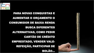 PARA NOVAS CONQUISTAS E
AUMENTAR O ORÇAMENTO O
CONSUMIDOR DE BAIXA RENDA
BUSCA DIFERENTES
ALTERNATIVAS, COMO PEDIR
CARTÃO DE CRÉDITO
EMPRESTADO, VENDER VALE-
REFEIÇÃO, PARTICIPAR DE
BOLÃO...
 