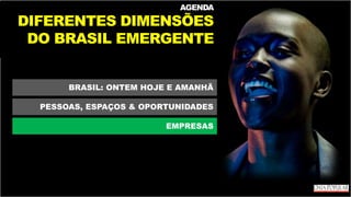 AGENDA
DIFERENTES DIMENSÕES
DO BRASIL EMERGENTE
BRASIL: ONTEM HOJE E AMANHÃ
PESSOAS, ESPAÇOS & OPORTUNIDADES
EMPRESAS
 