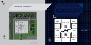 implantação do empreendimento
na quadra SQNW – 109
SÃO 84 unidades privativas
• 71 APARTAMENTOS de 2 QUARTOS sendo 1 suíte e 2 vagas de garagem
•13 coberturas DUPLEX exclusivas com 3 vagas de garagem

N

O

L
N

S

O

Ilustração artística da implantação

L

Finais 2,7,9 e 14 com 73m

2

Finais 3,6,10 e 13 com 77,71m2
Finais 1 e 8 com 91,26m

3

Finais 4,5,10 e 12 com 91,21m2

S

 