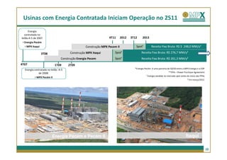 Usinas com Energia Contratada Iniciam Operação no 2S11
       Energia
   contratada no
leilão A-5 de 2007                                             4T11       2012   3T12     2013
 • Energia Pecém
    • MPX Itaqui                                Construção MPX Pecem II             Spot¹         Receita Fixa Bruta: R$ $ 248,0 MM/y²

                3T08                  Construção MPX Itaqui        Spot¹                 Receita Fixa Bruta: R$ 276,7 MM/y²
                                Construção Energia Pecem           Spot¹                 Receita Fixa Bruta: R$ 261,3 MM/y²
4T07                       1T09      2T09
                                                                                   *Energia Pecém é uma parceria de 50/50 entre a MPX Energia e a EDP
  Energia contratada no leilão A-5
              de 2008:                                                                                             **PPA – Power Purchase Agreement
                                                                                             ¹ Energia vendida no mercado spot antes do início das PPAs
           • MPX Pecém II
                                                                                                                                     ² Em março/2011




                         Energia Pecém e Pecém II                                                                                   Itaqui

                                                                                                                                                          10
 