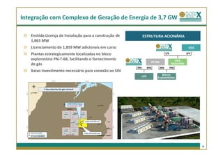 Integração com Complexo de Geração de Energia de 3,7 GW

   Emitida Licença de Instalação para a construção de   ESTRUTURA ACIONÁRIA
   1,863 MW
   Licenciamento de 1,859 MW adicionais em curso
   Plantas estrategicamente localizadas no bloco
   exploratório PN-T-68, facilitando o fornecimento
   de gás
   Baixo investimento necessário para conexão ao SIN




                                                                              6
 