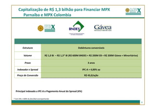 Capitalização de R$ 1,3 bilhão para Financiar MPX
       Parnaíba e MPX Colombia




          Estrutura                                              Debêntures conversíveis

           Volume                   R$ 1,0 Bi – R$ 1,3* Bi (R$ 600M BNDES + R$ 200M EB + R$ 200M Gávea + Minoritários)

            Prazo                                                        3 anos

    Indexador e Spread                                               IPC-A + 4,00% aa

    Preço de Conversão                                                R$ 43,0/ação




  Principal indexado a IPC-A e Pagamento Anual do Spread (4%)

* Com 0% e 100% do free float acompanhando
                                                                                                                         8
 
