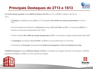 Principais Destaques do 2T13 e 1S13
•A receita líquida ajustada atingiu R$236,5 milhões (+23,5%) no 2T13e R$496,7milhões(+26,3%) no
1S13.
•Amovimentaçãode contêineresna Portonave alcançou181,3 mil TEUs no 2T13, umaumentode 28,8%, no
semestre o crescimento apresentadofoide 18,8%.
•Foramvendidos148,1 GWh de energia assegurada no 2T13, no semestre a energiavendidaatingiu 294,6GWh.
•Acabotagem movimentou12,2 mil TEUs no 2T13 e no acumuladoforam21,4 milTEUs.
•O Aeroportode Viracopos movimentou2,3 milhões de passageiros e 65,2 mil toneladas de carga.
•O EBITDA Ajustado alcançouR$103,0 milhões (+16,0%), no trimestre commargemde 43,6%. No semestre, o EBITDA
ajustadofoide R$252,2milhões(+27,0%) e 50,8%de margem.
3
•O tráfego consolidadocresceu 5,4% no 2T13atingindo19,9 milhões de veículos equivalentes e 4,3%no
1S13.
 
