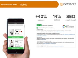 Mobile
+40%
acessos
14%
pedidos
SEO
mobile friendly
NOVA PLATAFORMA
 