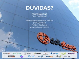 DÚVIDAS?
FELIPE MARTINS
CEO, DOTSTORE
felipemartins@dotstore.com.br
(11) 4728-4848
Twitter: @dotstore
www.dotstore.com.br
APOIO
 